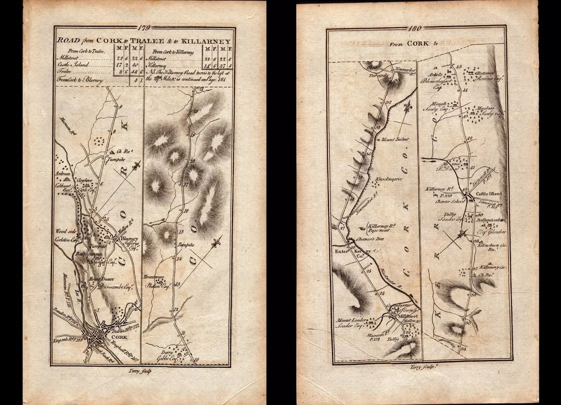 Ireland Rare 1778 Antique 247 Yr-Old Road Map Cork Blarney to Tralee & Killarney.: Title: Ireland Rare 1778 Antique 247 Yr-Old Road Map Cork Blarney to Tralee & Killarney. Description: This Rare Irish Road Map Has Been Removed from a First Edition Copy of.