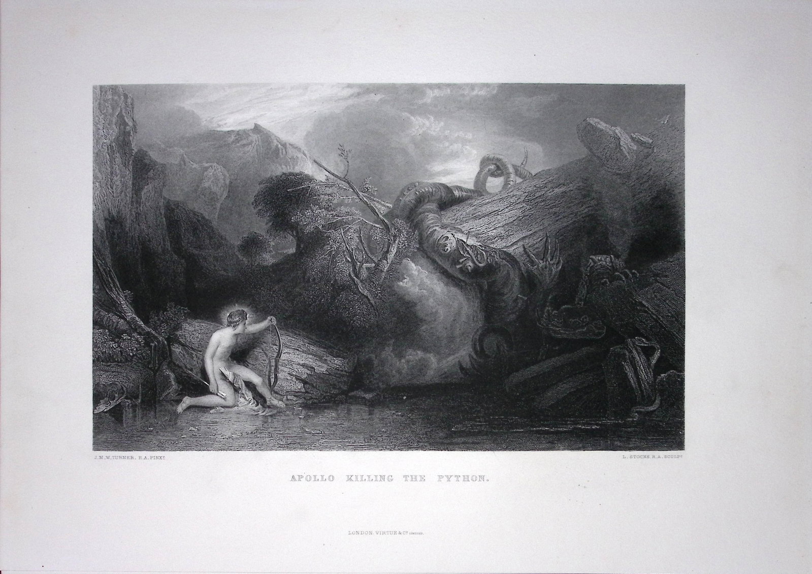 J.M.W Turner Apollo Killing The Python Antique Steel Engraving-66-TR: Title: J.M.W Turner Apollo Killing The Python Antique Steel Engraving-66-TR Description: This Antique Steel-Engraving Was Removed from a Edition Of. The Turner Gallery a Series of 1