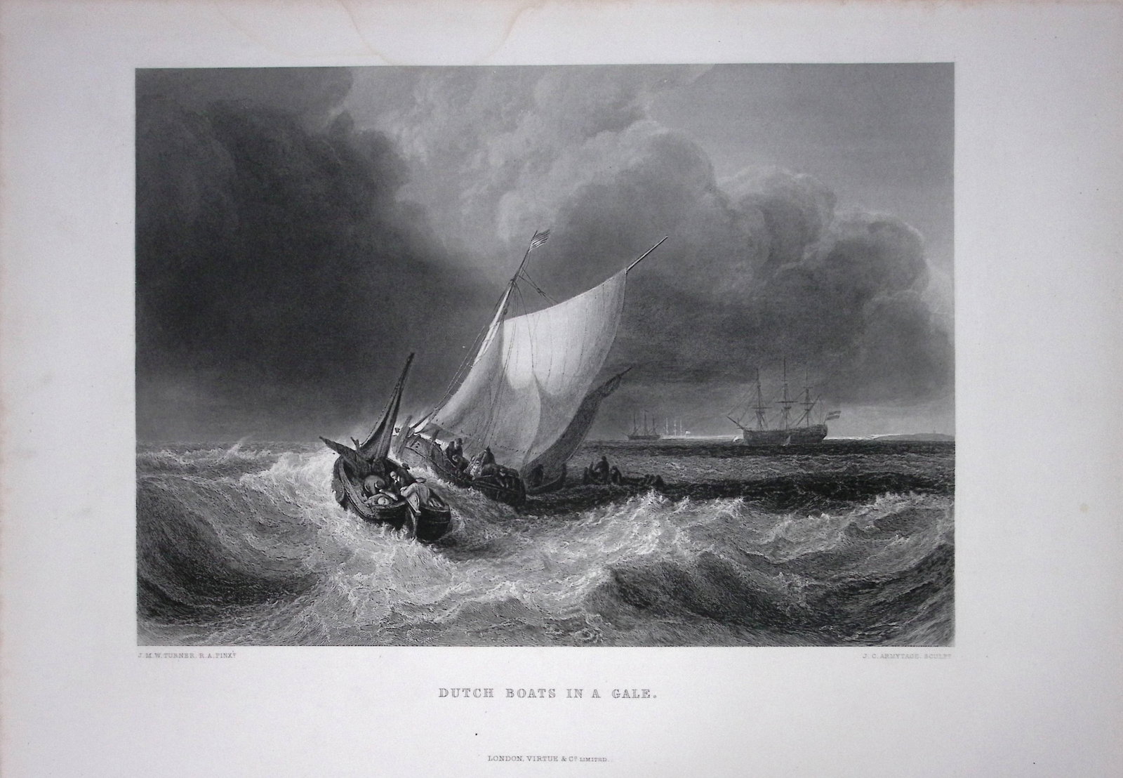 J.M.W Turner Dutch Boats in a Gale Antique Steel Engraving-78-TR: Title: J.M.W Turner Dutch Boats in a Gale Antique Steel Engraving-78-TR Description: This Antique Steel-Engraving Was Removed from an Edition Of. The Turner Gallery a Series of 120