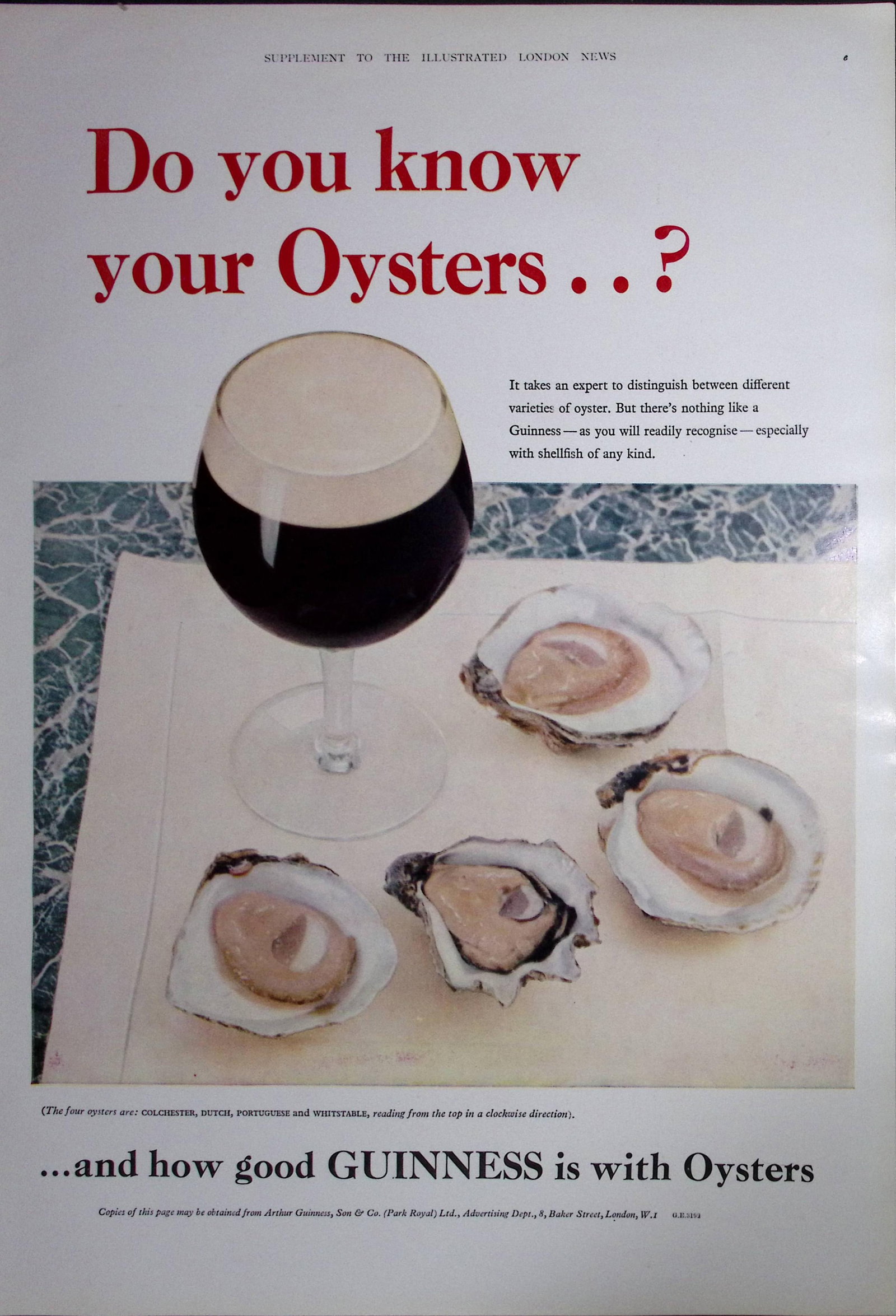 Guinness Do You Know Your Oysters 1960 Original 66 Years-Old Print -GE 3192.: Title: Guinness Do You Know Your Oysters 1960 Original 66 Years-Old Print -GE 3192. Description: Guinness Do You Know Your Oysters 1960 Original 66 Years-Old Print -GE 3192. Description: G