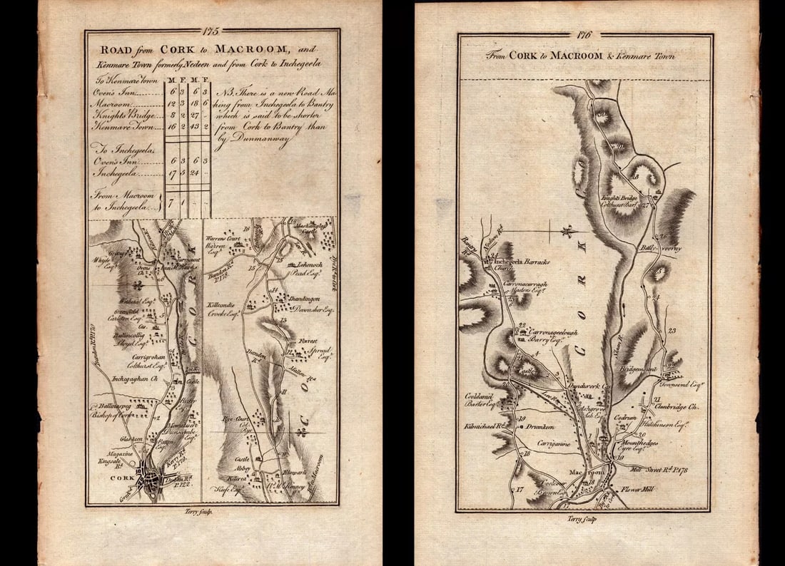 Ireland Rare Antique 1777 Road Map Cork to Macroom and Kenmare Town & Cork to Inchegeela (1 of 2)