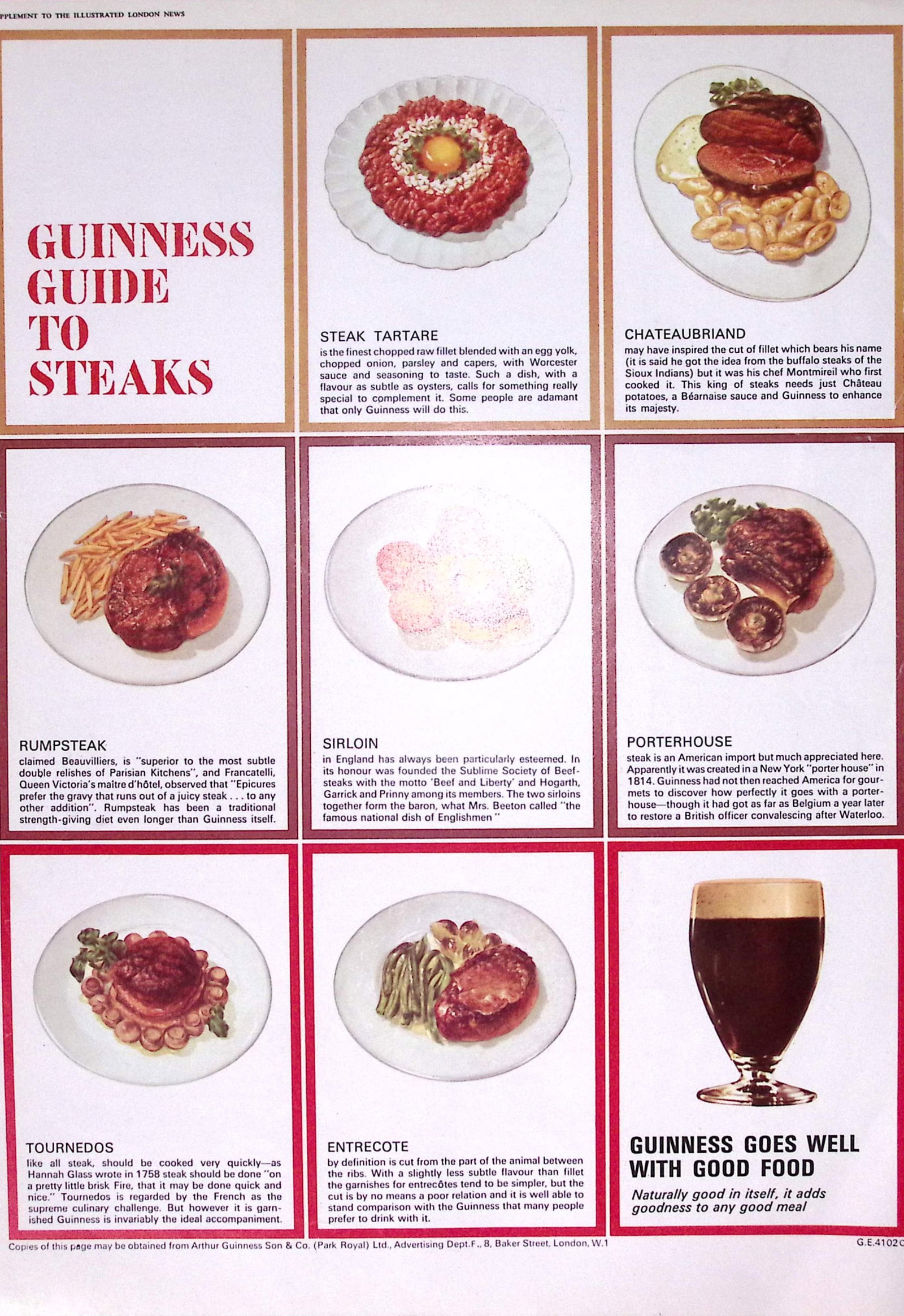 Guinness 1966 Original 59 Years-Old Print Guide To Steak G.E. 4102.C (1 of 1)