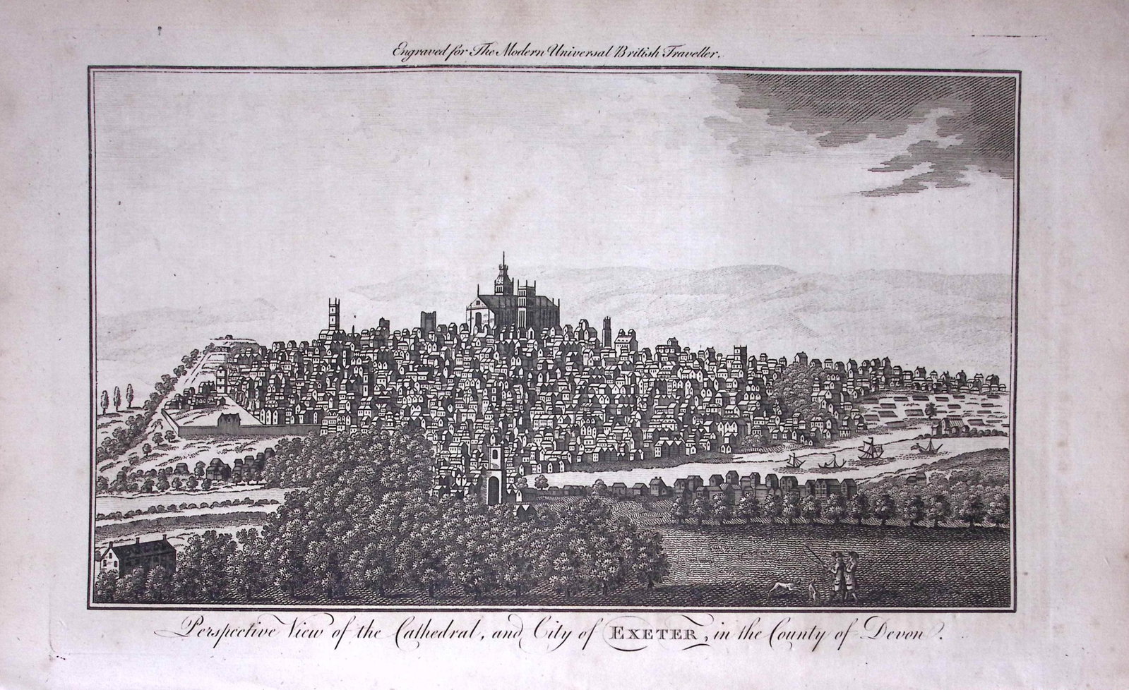 Exeter City & Cathedral Rare Large 247-Year-Old Antique Copperplate Engraving -16-TR (1 of 2)