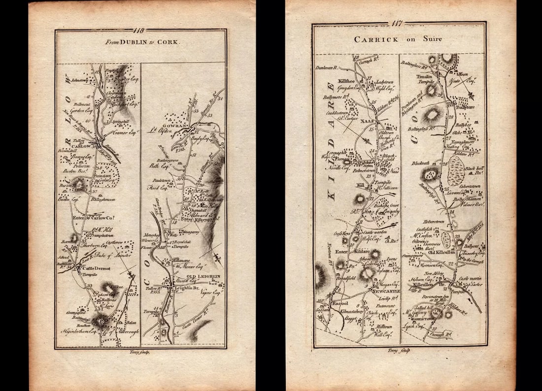 Ireland Rare 1778 Antique 245 Yr-Old Road Map Kildare Naas Carlow Dublin Cork.: Title: Ireland Rare 1778 Antique 245 Yr-Old Road Map Kildare Naas Carlow Dublin Cork. Description: Ireland Rare 1778 Antique 245 Yr-Old Road Map Kildare Naas Carlow Dublin Cork. Descriptio