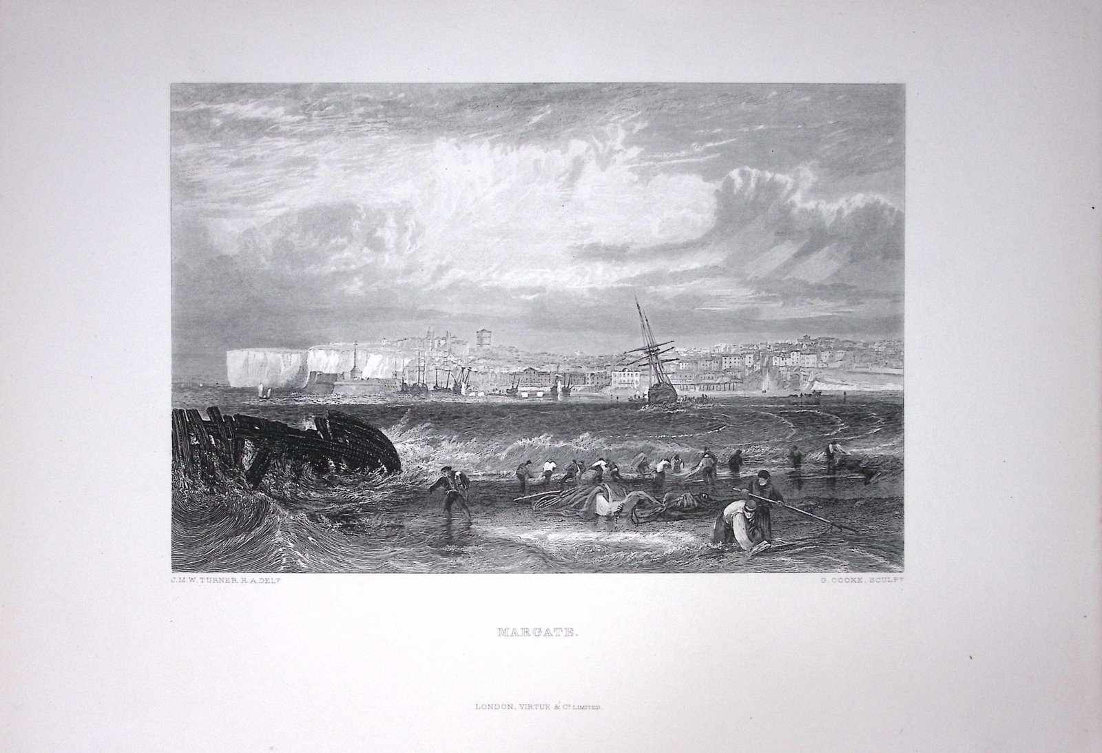 J.M.W Turner View of Margate Town & Beach Antique Steel Engraving-85-TR: Title: J.M.W Turner View of Margate Town & Beach Antique Steel Engraving-85-TR Description: This Antique Steel-Engraving Was Removed from an Edition Of. The Turner Gallery a Series of