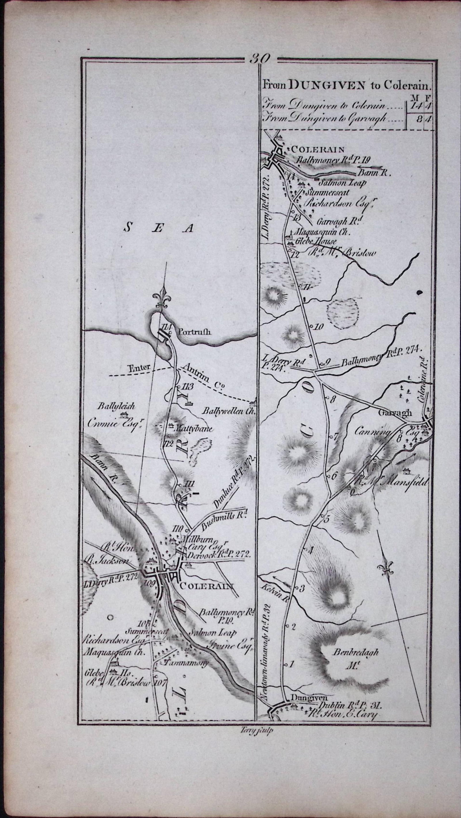 Ireland Rare Antique 245 Yr-Old Road Map Colerain-Portrush-Charlesmount-30 (1 of 3)