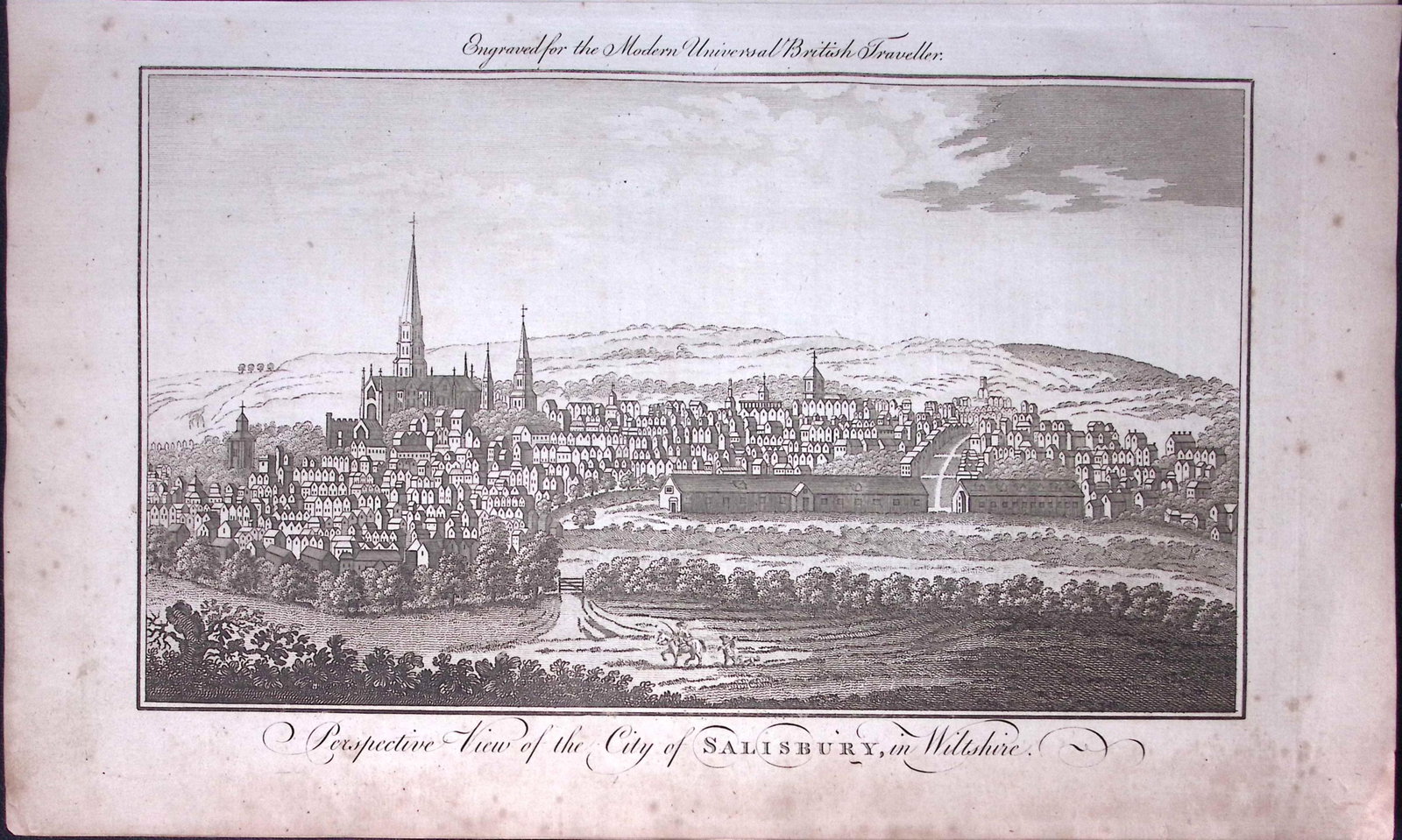 The City of Salisbury Rare Large 247-Year-Old Antique Copperplate Engraving -20-TR: Title: The City of Salisbury Rare Large 247-Year-Old Antique Copperplate Engraving -20-TR Description: This Antique 247-Year-Old Was Removed from an Edition Of. The Modern Universal