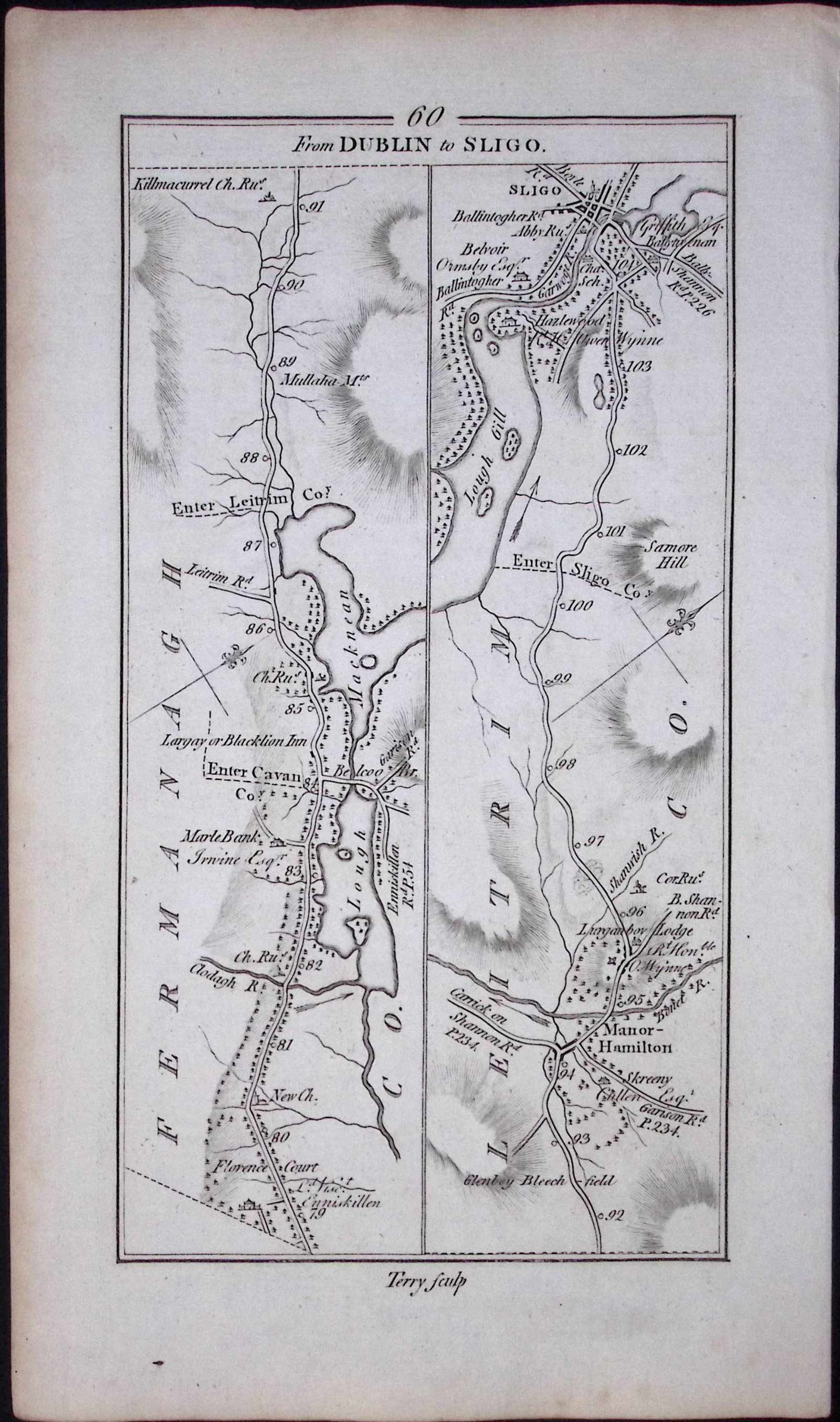 Ireland Rare Antique 245 Yr-Old Road Map Dublin-Cavan-Sligo-60 (1 of 3)