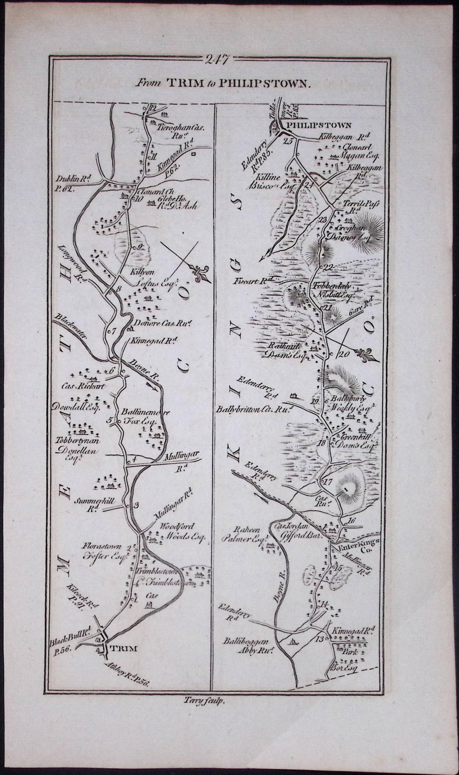 Ireland 245 Years -Old Antique Road Map From Trim to Philiptown-248: Title: Ireland 245 Years -Old Antique Road Map From Trim to Philiptown-248 Description: This Rare Irish Road Map Has Been Removed from a First Edition Copy of. Taylor & Skinners 1777