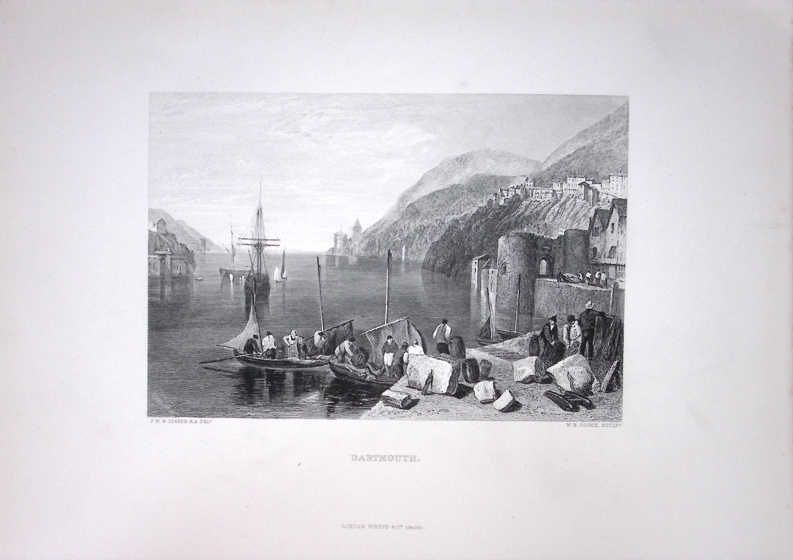 J.M.W Turner View of Dartmouth Harbour Devon Antique Steel Engraving-113-TR: Title: J.M.W Turner View of Dartmouth Harbour Devon Antique Steel Engraving-113-TR Description: This Antique Steel-Engraving Was Removed from an Edition Of. The Turner Gallery a Ser