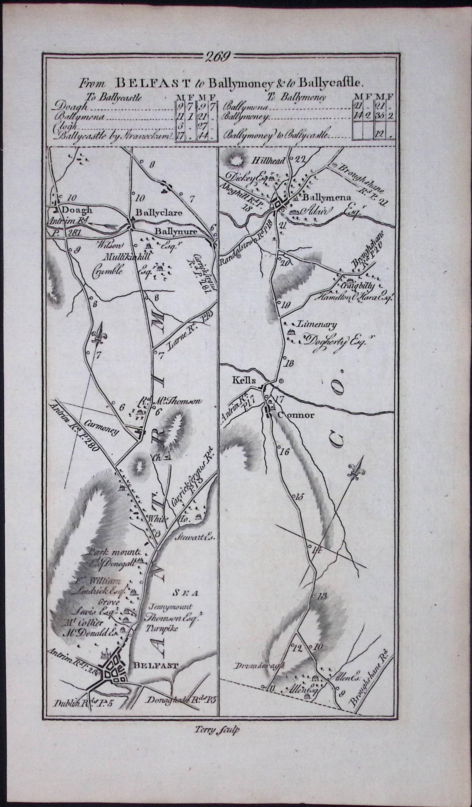 Ireland 245 Years -Old Antique 1777 Road Map Belfast To Ballymoney-270 (1 of 3)