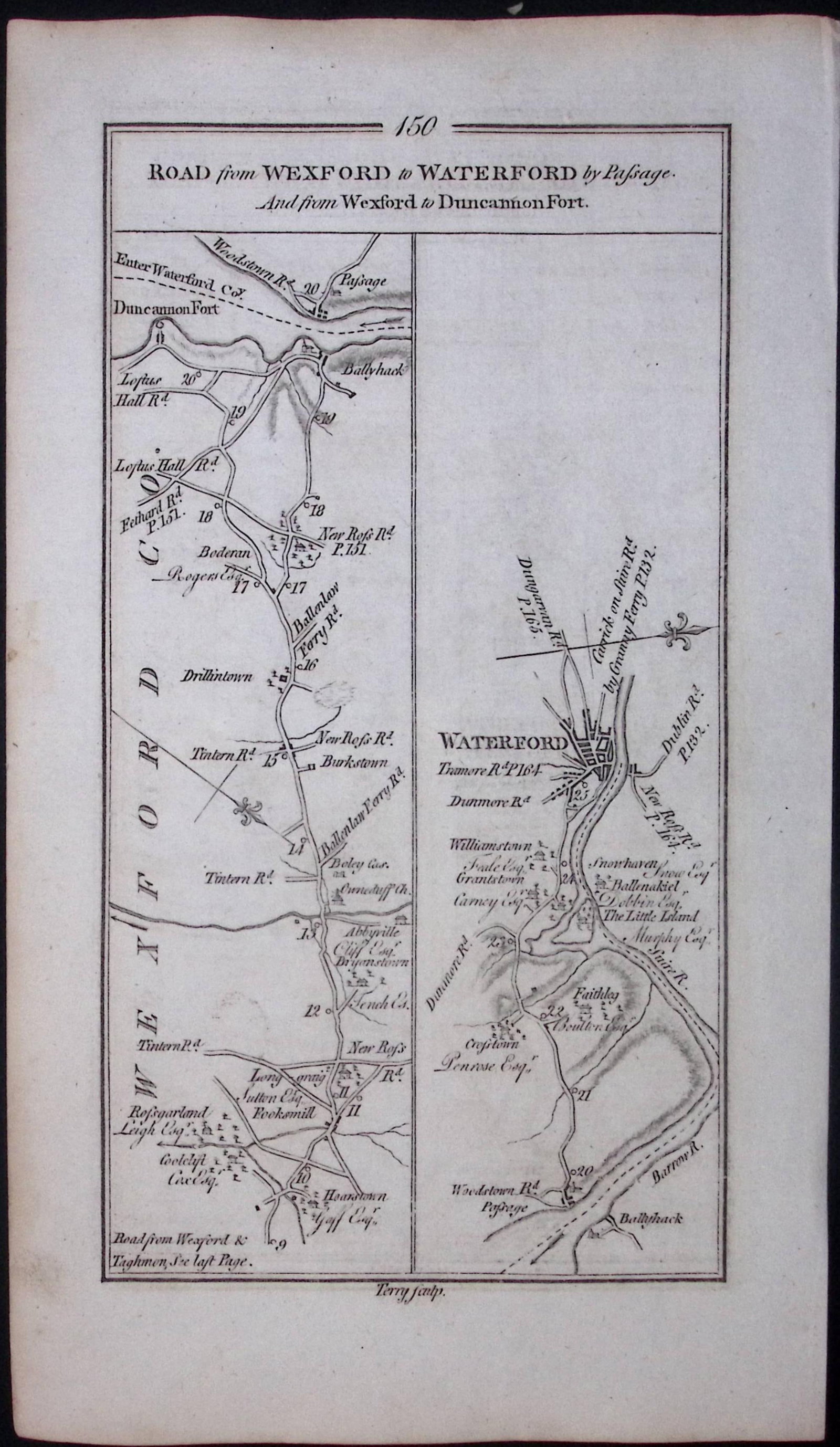 Ireland 245 Years -Old Antique Road Map Wexford, New-Ross, Waterford-150 - 2