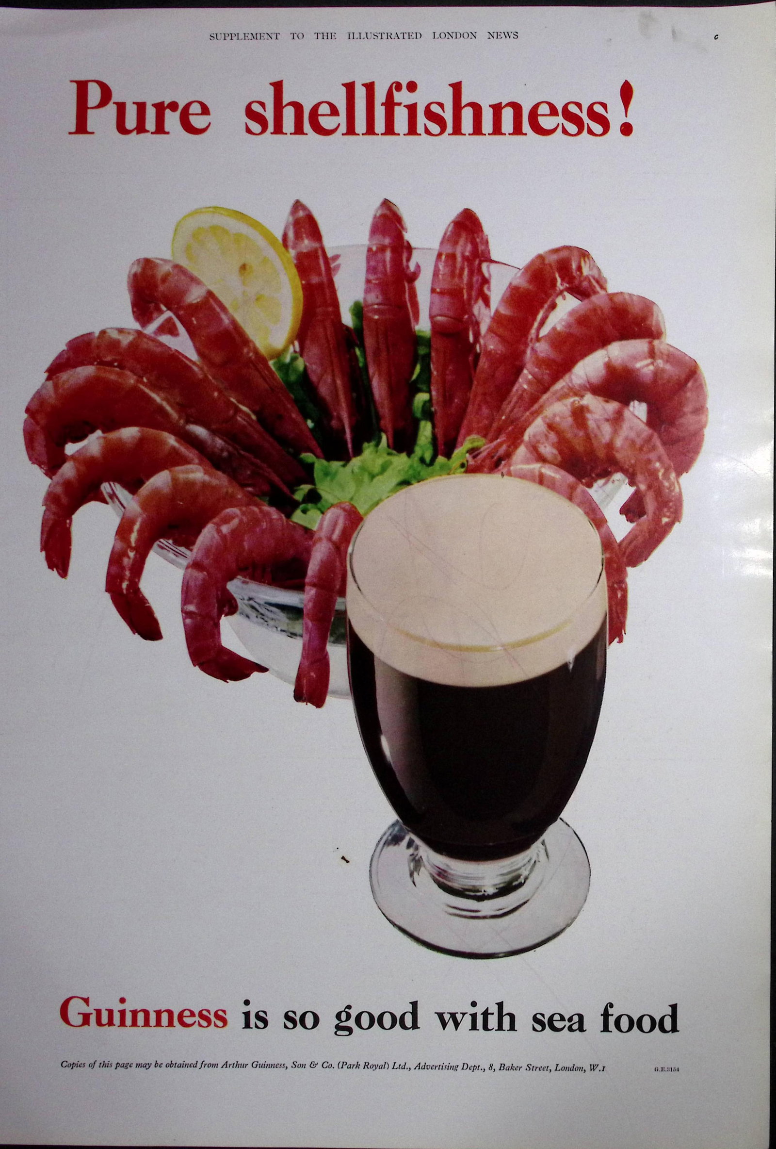 Guinness So Good With Sea Food 1960 Original 66 Years-Old Print -GE 3154. (1 of 1)