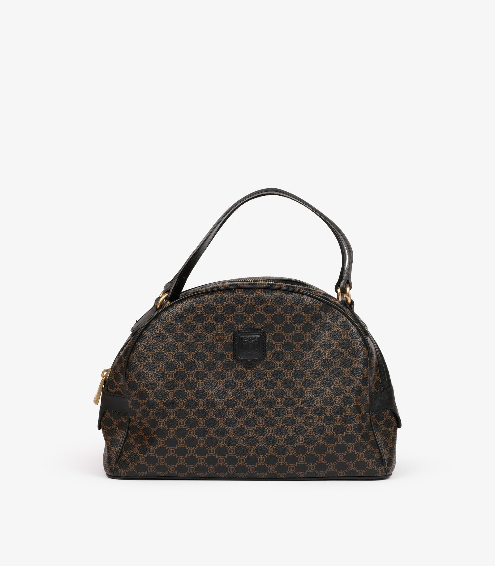 Celine Brown Macadam Monogram Coated Canvas & Black Calfskin Leather Vintage Bowling Bag: Title: Celine Brown Macadam Monogram Coated Canvas & Black Calfskin Leather Vintage Bowling Bag Description: Celine Brown Macadam Monogram Coated Canvas & Black Calfskin Leather