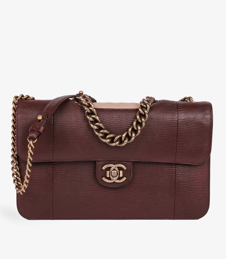 Chanel Burgundy Lizard Leather & Dusky Pink Quilted Lambskin Large Perfect Edge Classic Single Fl...: Title: Chanel Burgundy Lizard Leather & Dusky Pink Quilted Lambskin Large Perfect Edge Classic Single Flap Description: Chanel Burgundy Lizard Leather & Dusky Pink Quilted Lambsk