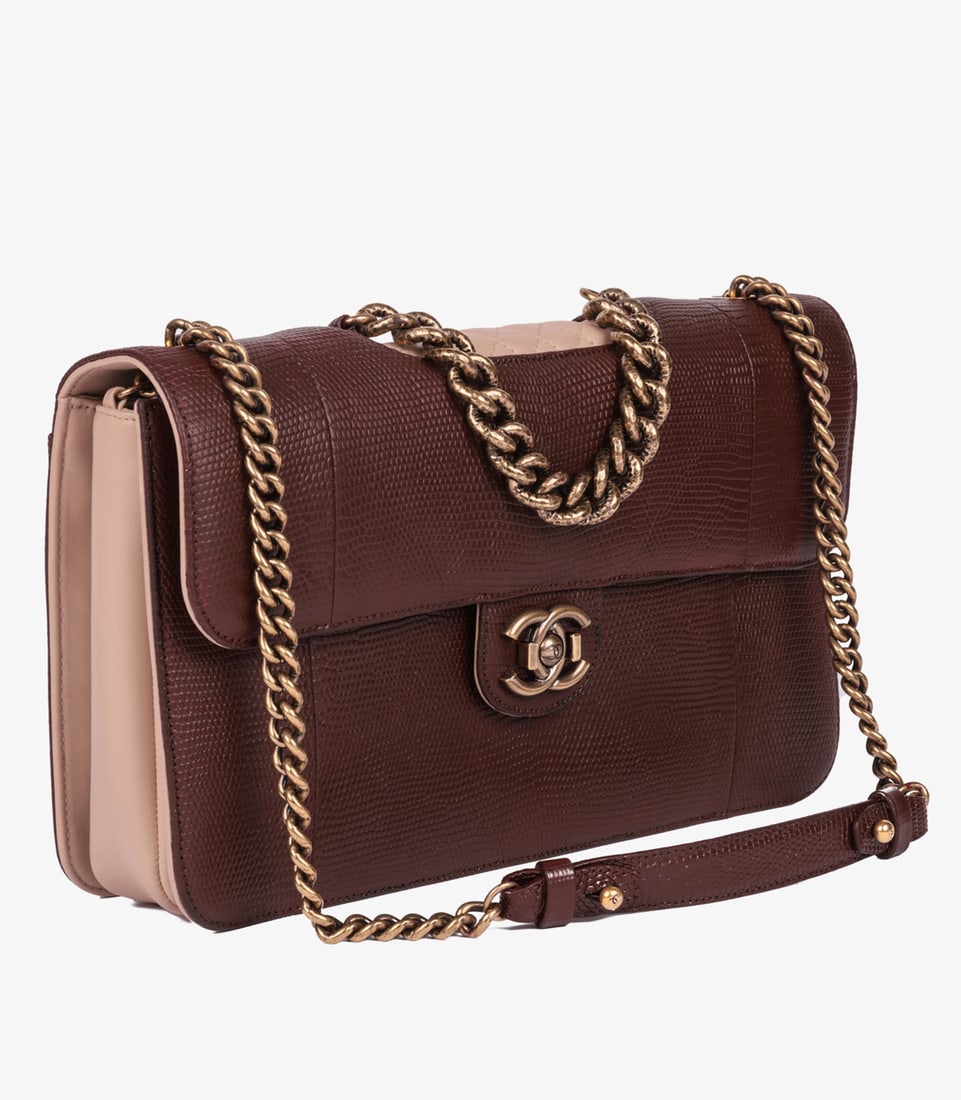 Chanel Burgundy Lizard Leather & Dusky Pink Quilted Lambskin Large Perfect Edge Classic Single Fl... - 3