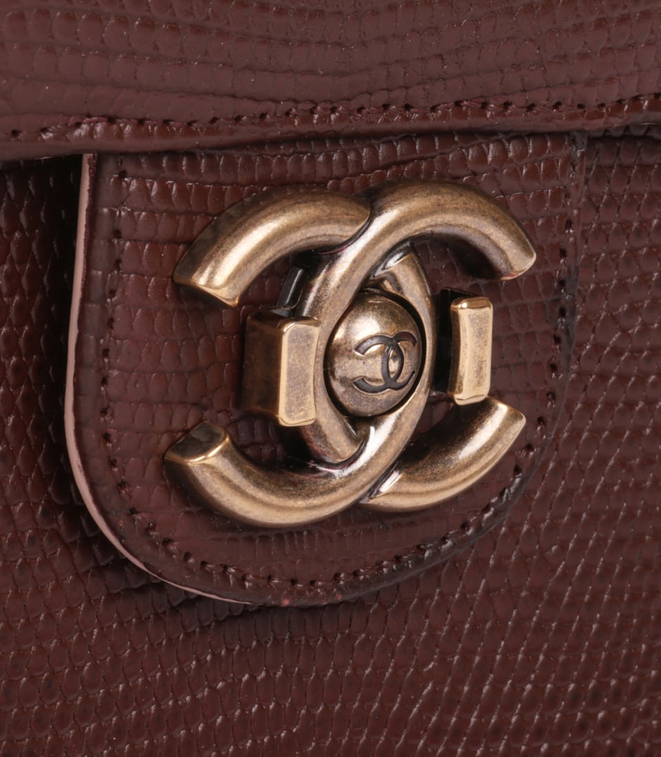 Chanel Burgundy Lizard Leather & Dusky Pink Quilted Lambskin Large Perfect Edge Classic Single Fl... - 8