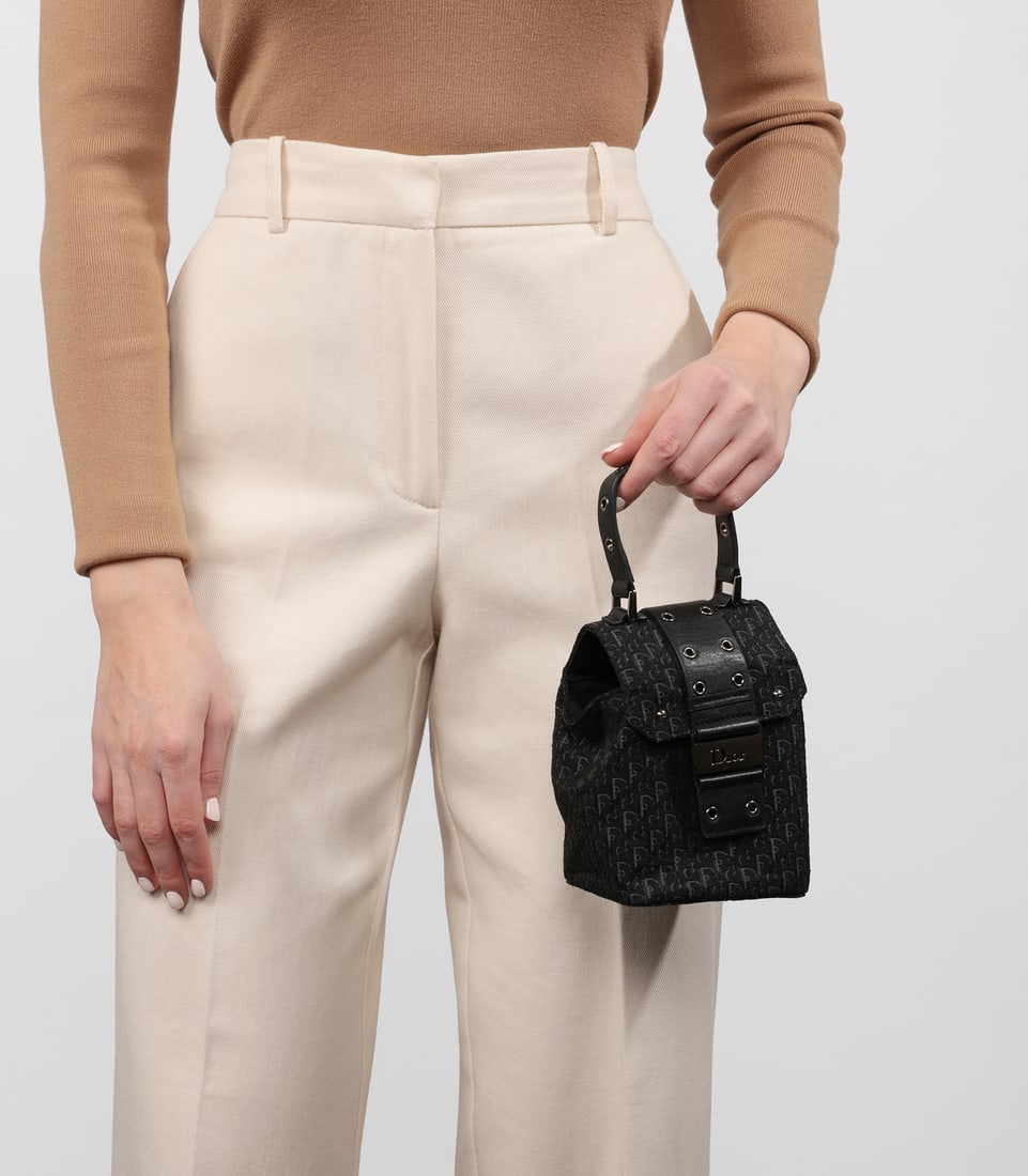 Christian Dior Black Oblique Monogram Canvas & Calfskin Leather Vintage Top Handle Box Bag - 2