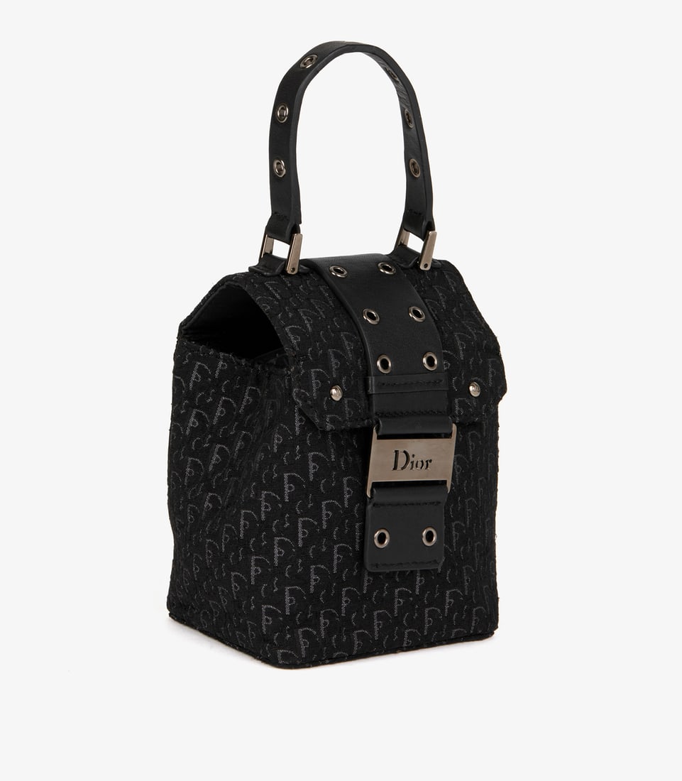 Christian Dior Black Oblique Monogram Canvas & Calfskin Leather Vintage Top Handle Box Bag - 3