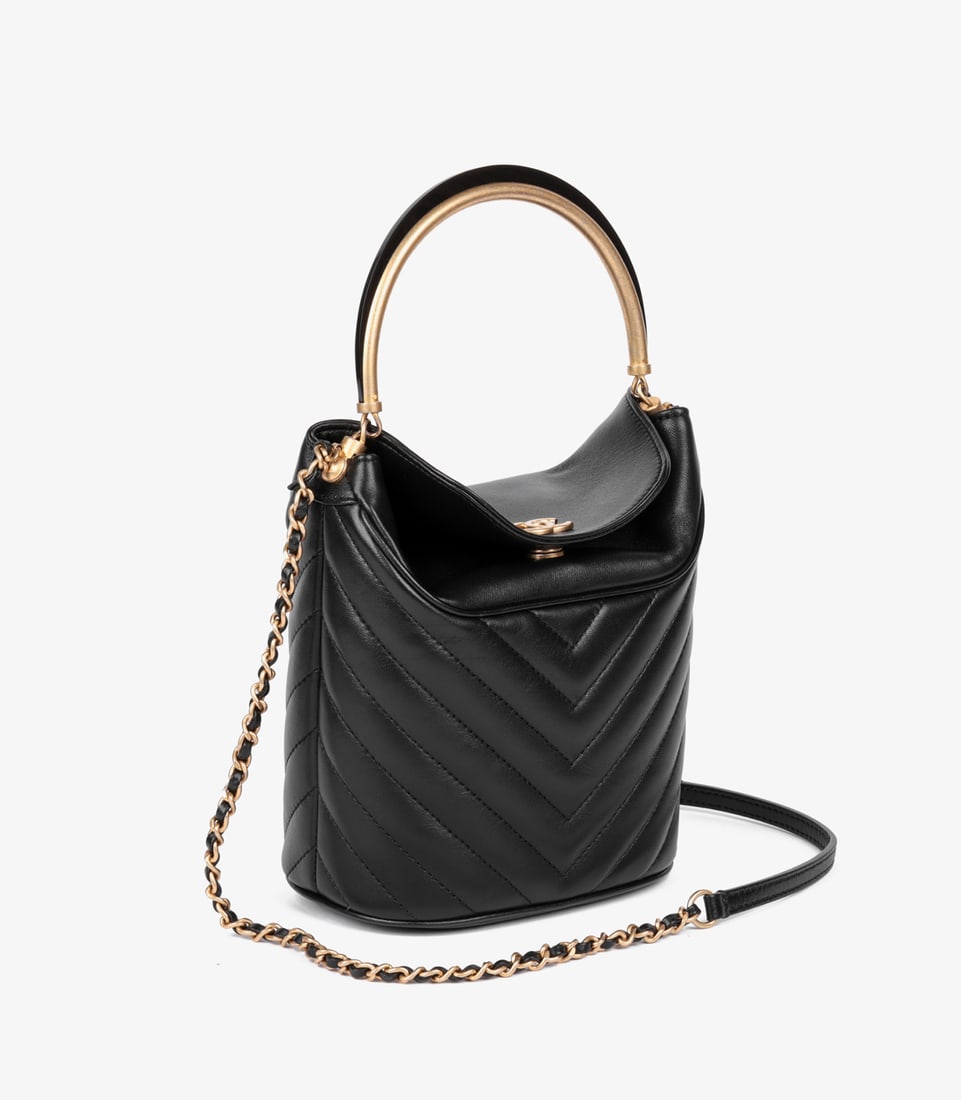 Chanel Black Chevron Quilted Lambskin Handle with Chic Bucket Bag - 3