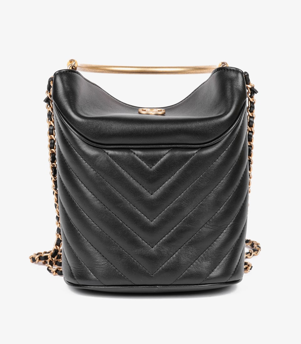 Chanel Black Chevron Quilted Lambskin Handle with Chic Bucket Bag - 6