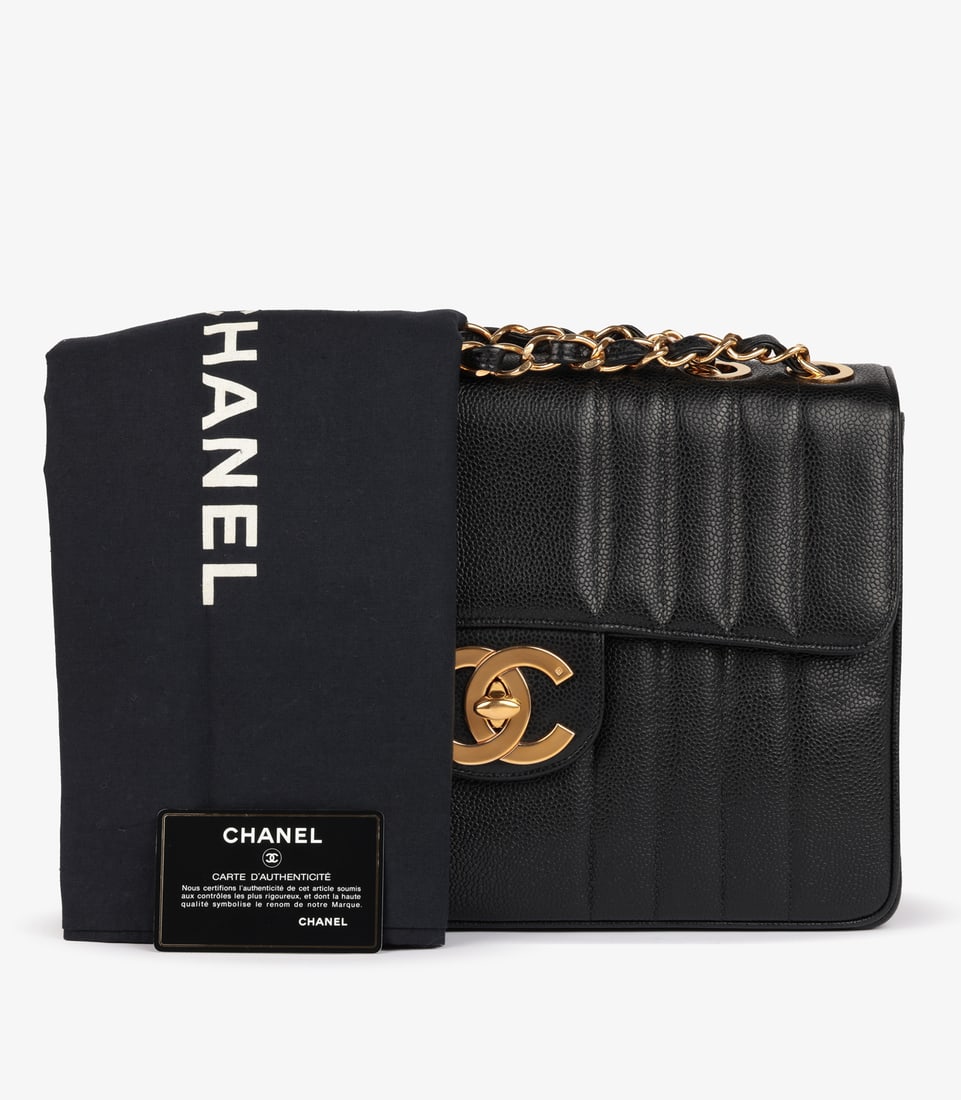 Chanel Black Vertical Quilted Caviar Leather Vintage Jumbo XL Classic Single Flap Bag - 11