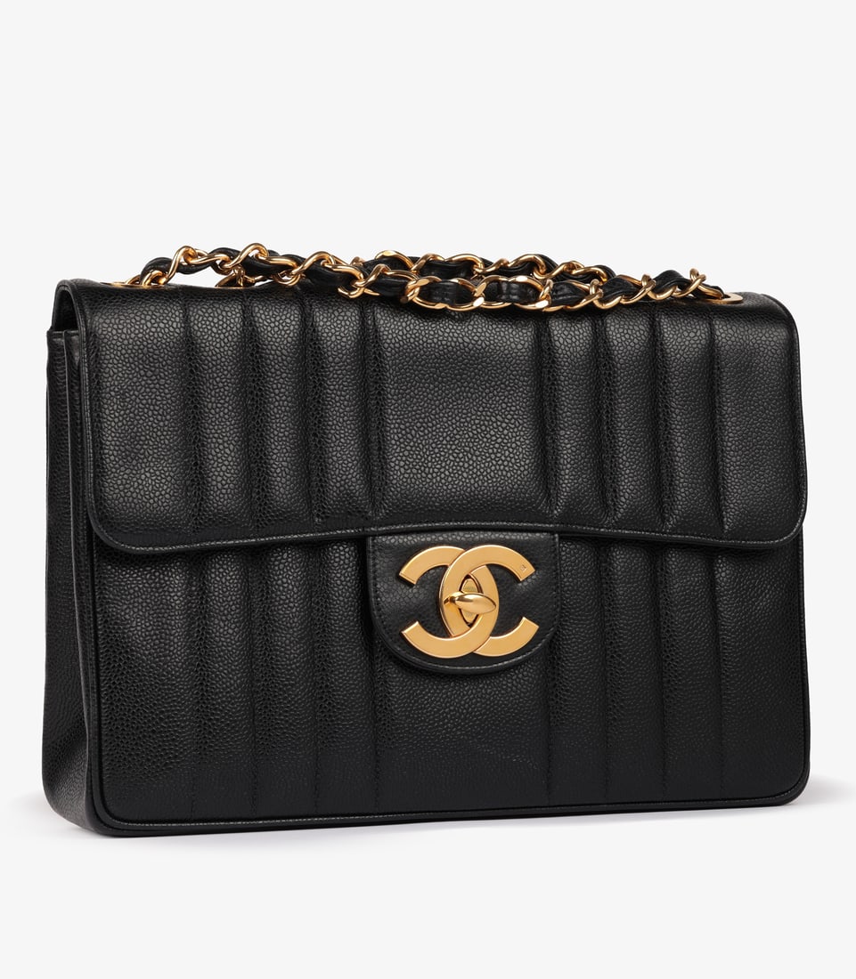 Chanel Black Vertical Quilted Caviar Leather Vintage Jumbo XL Classic Single Flap Bag - 3