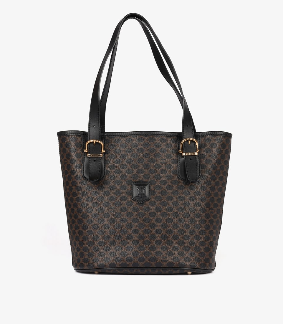 Celine Brown Macadam Monogram Coated Canvas & Black Calfskin Leather Vintage Bucket Bag: Title: Celine Brown Macadam Monogram Coated Canvas & Black Calfskin Leather Vintage Bucket Bag Description: Celine Brown Macadam Monogram Coated Canvas & Black Calfskin Leather Vintage