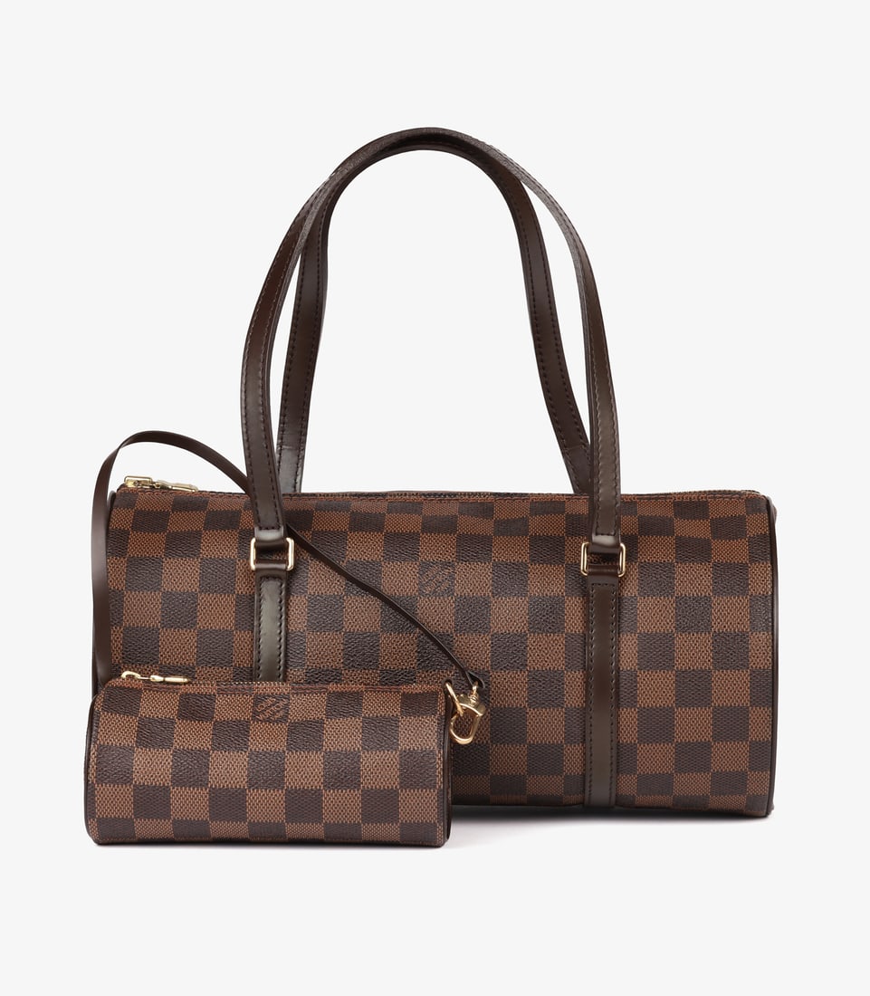Louis Vuitton Damier Ebene Coated Canvas & Brown Calfskin Leather Vintage Papillon 30 with Pouch: Title: Louis Vuitton Damier Ebene Coated Canvas & Brown Calfskin Leather Vintage Papillon 30 with Pouch Description: Louis Vuitton Damier Ebene Coated Canvas & Brown Calfskin Lea