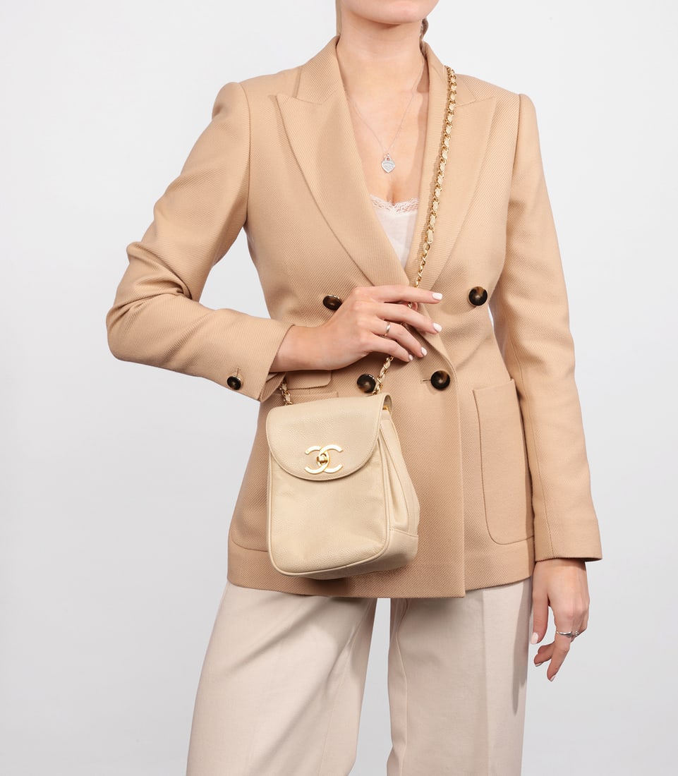 Chanel Beige Caviar Leather Vintage XL Classic Single Flap Bag - 2