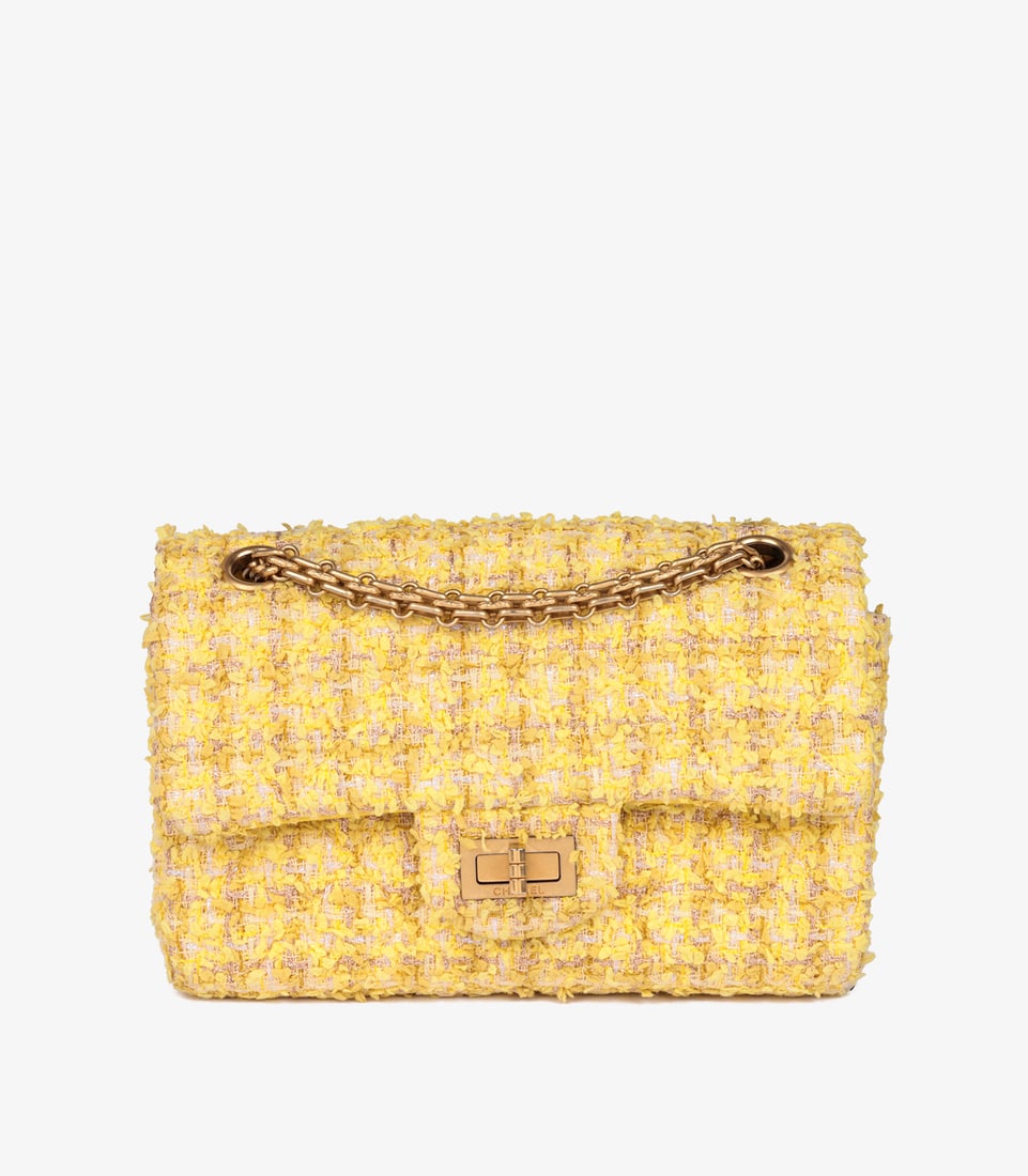 Chanel Canary Yellow Tweed Fabric 224 2.55 Reissue Double Flap Bag: Title: Chanel Canary Yellow Tweed Fabric 224 2.55 Reissue Double Flap Bag Description: Chanel Canary Yellow Tweed Fabric 224 2.55 Reissue Double Flap Bag Product Details Ref: HB5116 Brand: