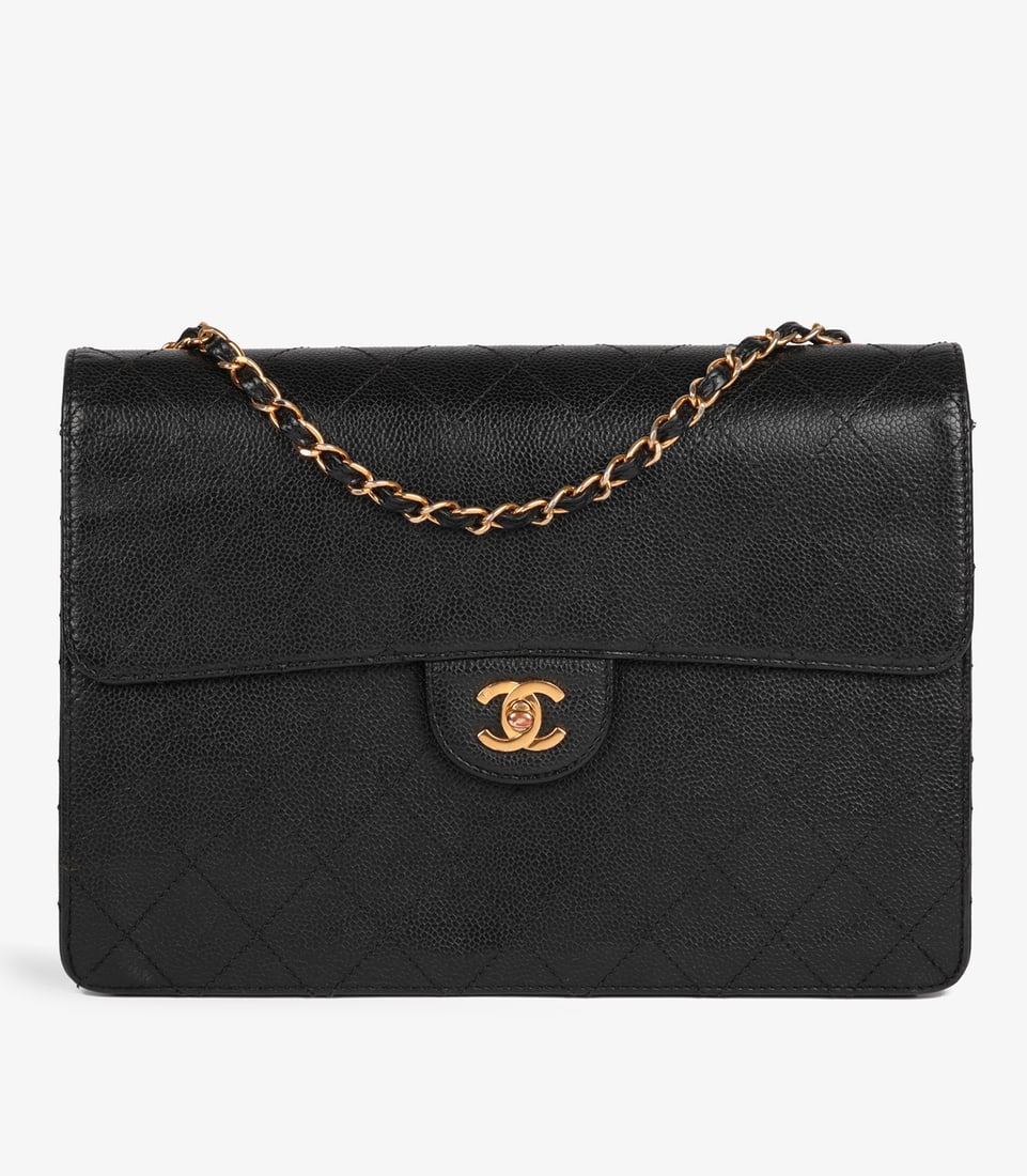 Chanel Black Quilted Caviar Leather Vintage Jumbo Classic Single Flap Bag: Title: Chanel Black Quilted Caviar Leather Vintage Jumbo Classic Single Flap Bag Description: Chanel Black Quilted Caviar Leather Vintage Jumbo Classic Single Flap Bag Product D