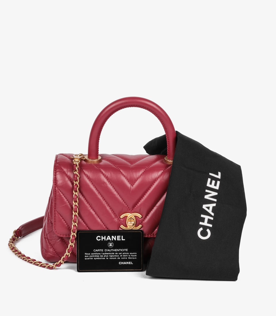 Chanel Red Chevron Aged Calfskin Leather Small Coco Top Handle - 13