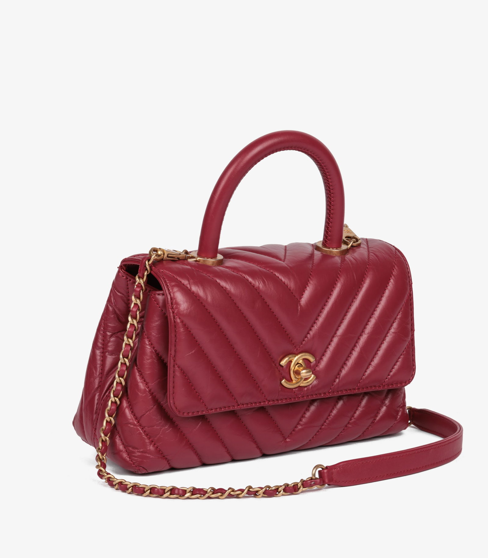 Chanel Red Chevron Aged Calfskin Leather Small Coco Top Handle - 3