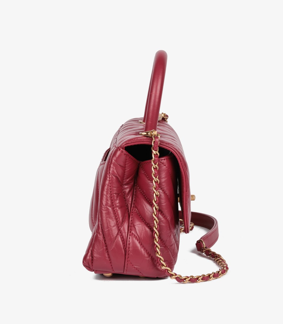 Chanel Red Chevron Aged Calfskin Leather Small Coco Top Handle - 4