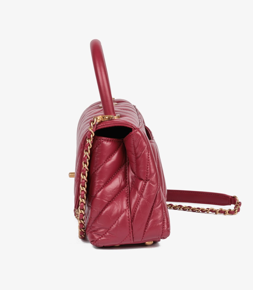 Chanel Red Chevron Aged Calfskin Leather Small Coco Top Handle - 5