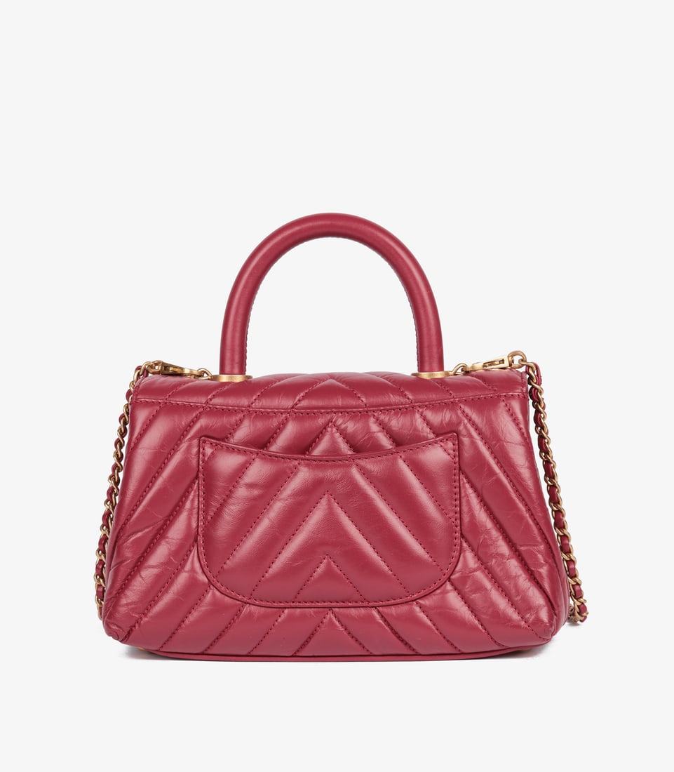 Chanel Red Chevron Aged Calfskin Leather Small Coco Top Handle - 6