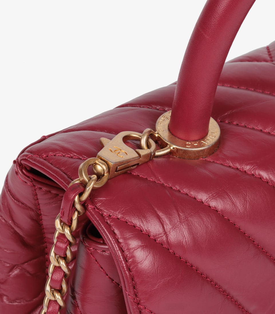Chanel Red Chevron Aged Calfskin Leather Small Coco Top Handle - 8