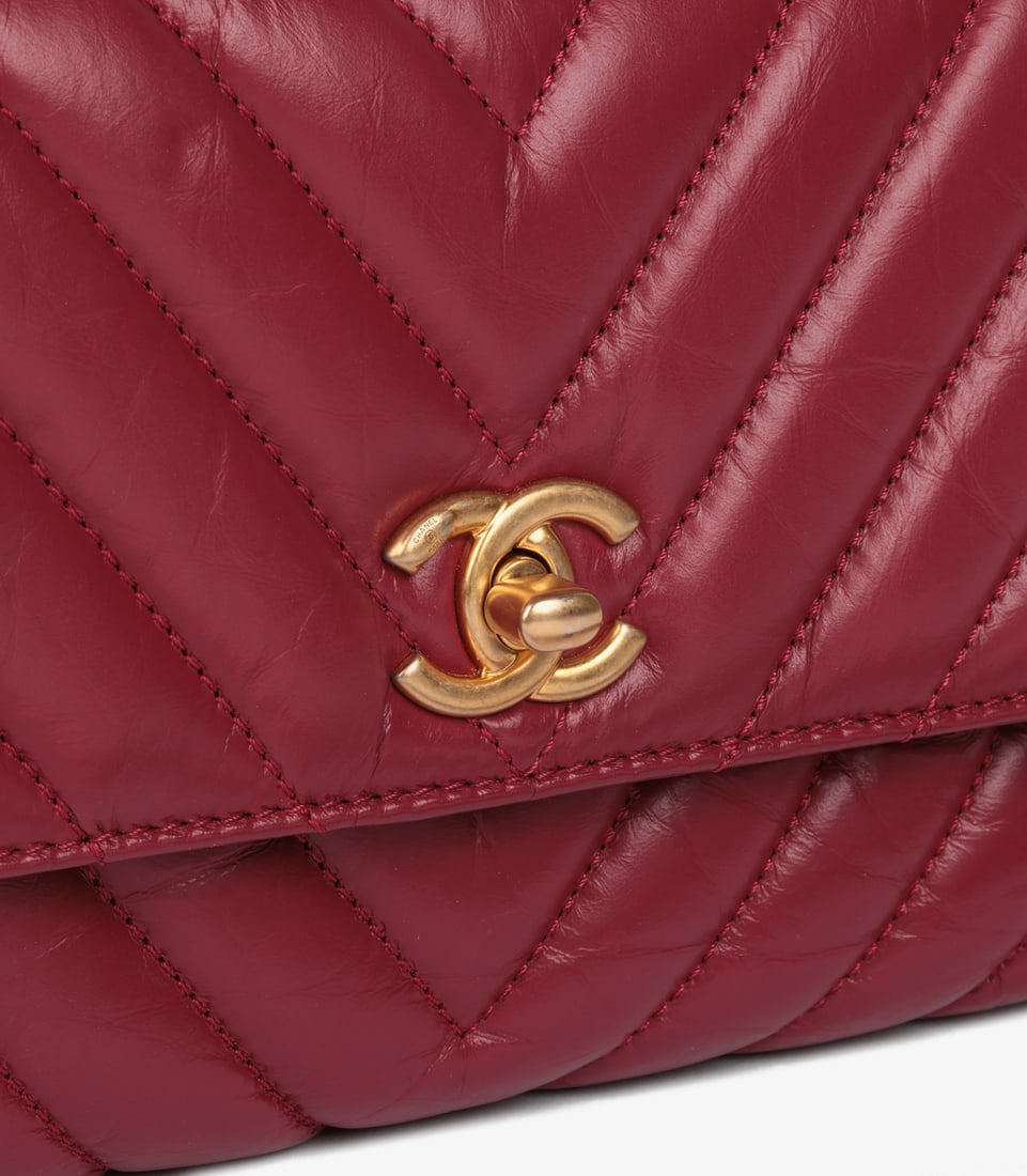 Chanel Red Chevron Aged Calfskin Leather Small Coco Top Handle - 9