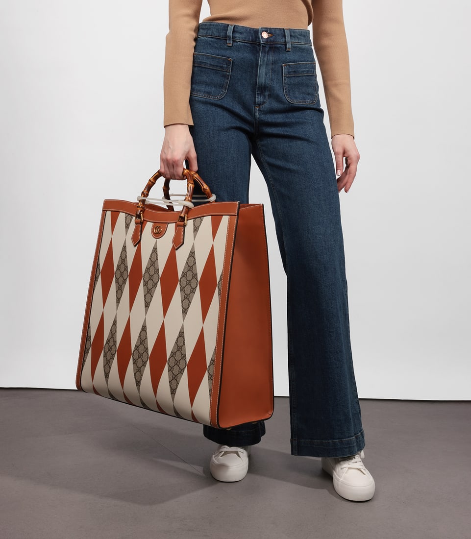 Gucci Brown, White & GG Supreme Coated Canvas Patchwork, Brown Calfskin Leather Maxi Diana - 2