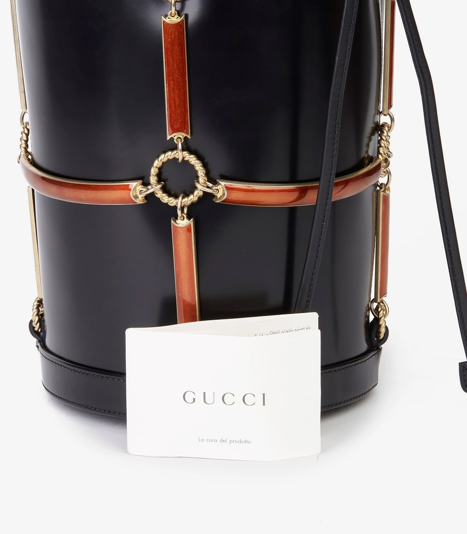 Gucci Black Vinyl, Lambskin & Rust Enamel Bucket Bag - 12