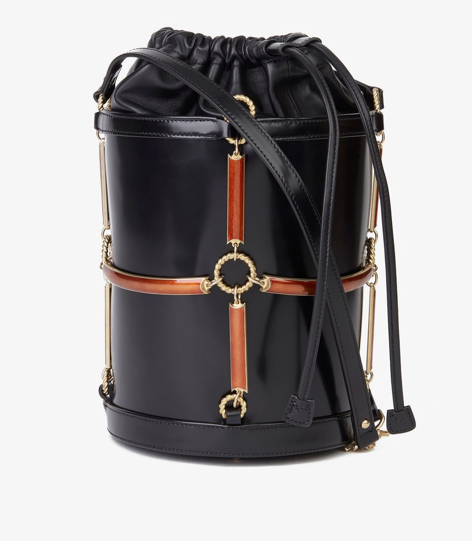 Gucci Black Vinyl, Lambskin & Rust Enamel Bucket Bag: Title: Gucci Black Vinyl, Lambskin & Rust Enamel Bucket Bag Description: Gucci Black Vinyl, Lambskin & Rust Enamel Bucket Bag Product Details Ref: HB3223 Brand: Gucci Model: Bucket Bag