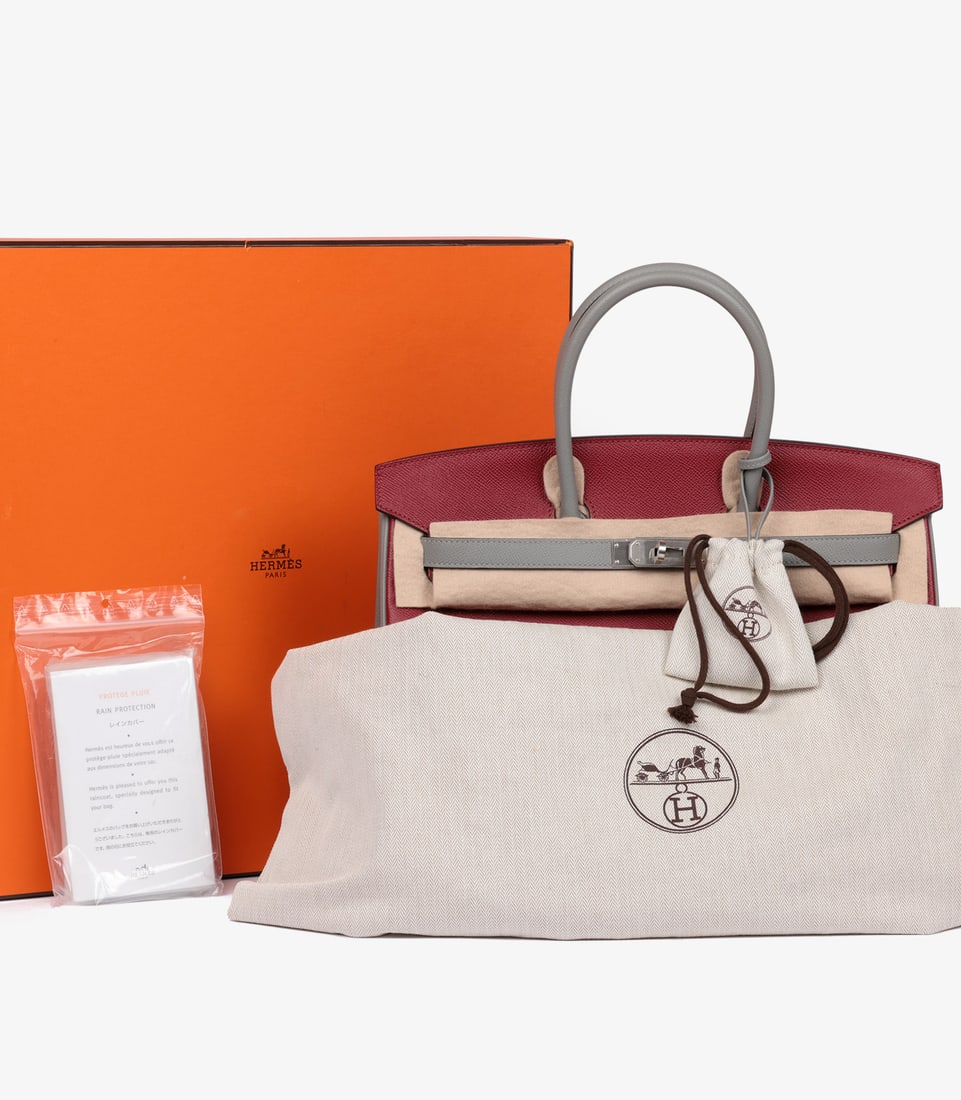 Hermès Rouge Grenat & Gris Mouette Epsom Leather HSS Special Order Birkin 35cm Retourne - 12