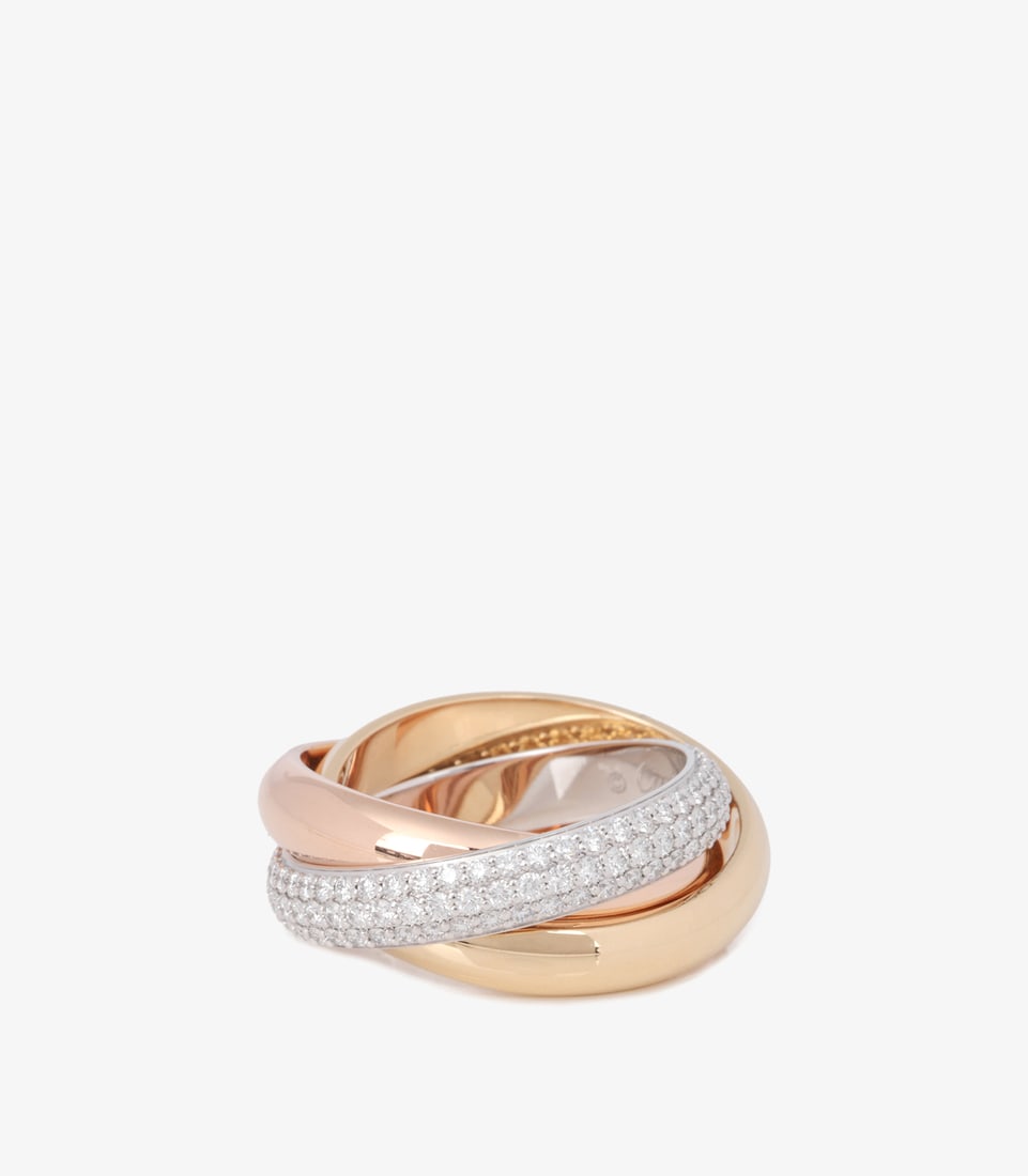 Cartier Pave Diamond 18ct White Gold, 18ct Yellow Gold and 18ct Rose Gold Trinity Ring - 3