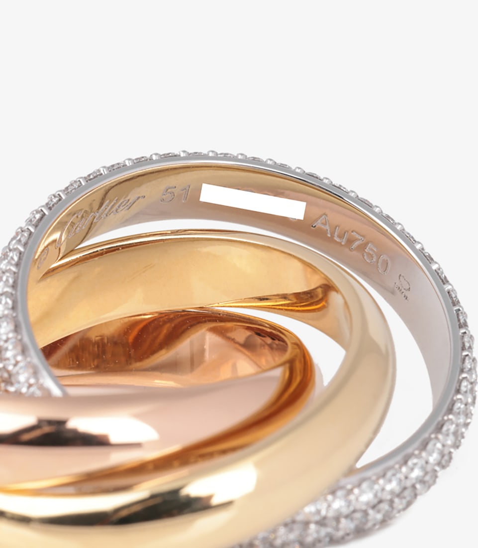 Cartier Pave Diamond 18ct White Gold, 18ct Yellow Gold and 18ct Rose Gold Trinity Ring - 4