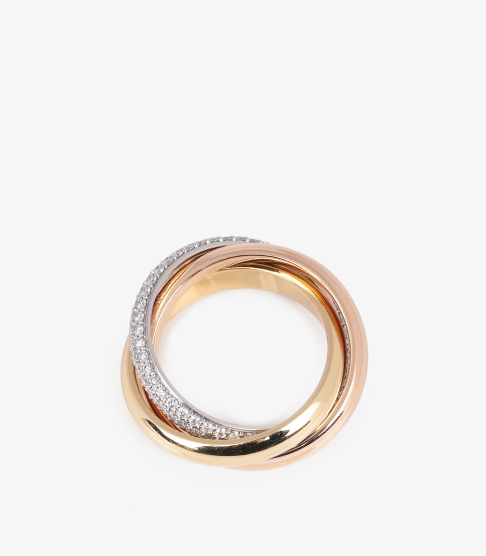 Cartier Pave Diamond 18ct White Gold, 18ct Yellow Gold and 18ct Rose Gold Trinity Ring - 5