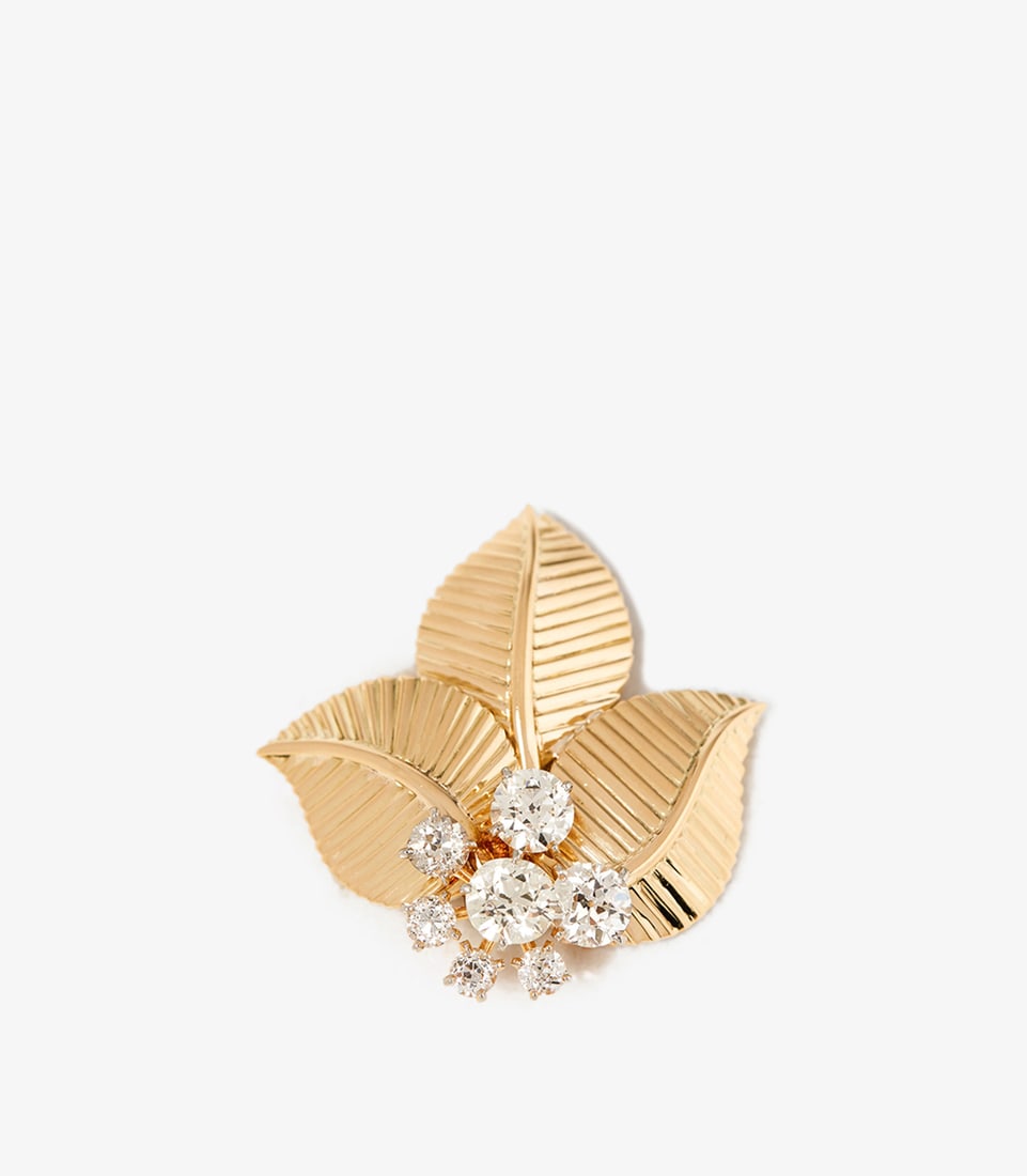 Cartier European Cut Diamond Set 18ct Yellow Gold Vintage Leaf Design Brooch - 3