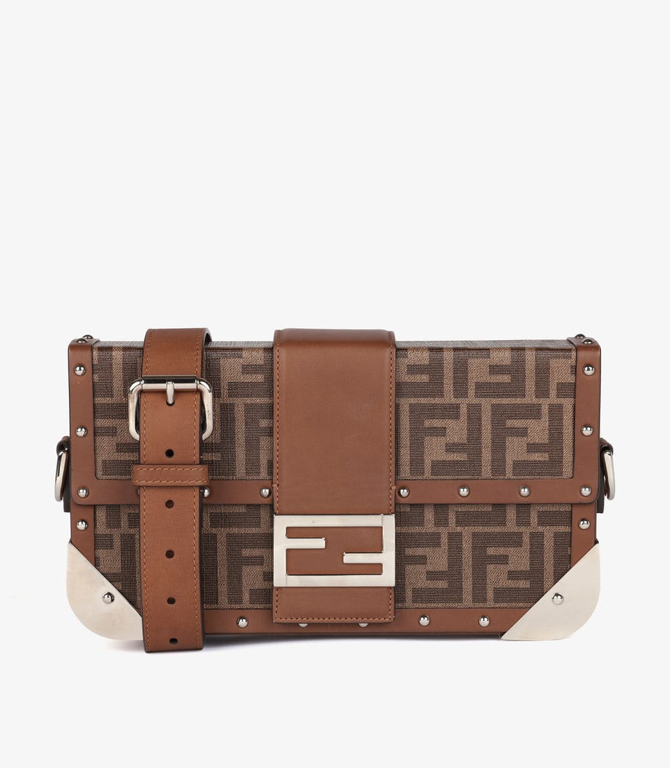 Fendi Brown Zucca Monogram Coated Canvas & Calfskin Leather Hard Trunk Baguette: Title: Fendi Brown Zucca Monogram Coated Canvas & Calfskin Leather Hard Trunk Baguette Description: Fendi Brown Zucca Monogram Coated Canvas & Calfskin Leather Hard Trunk Baguett