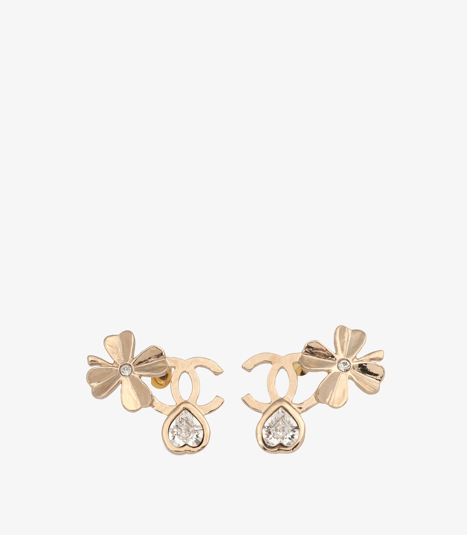 Chanel Crystal Gold Tone Four Leaf Clover CC Stud Earrings (1 of 6)