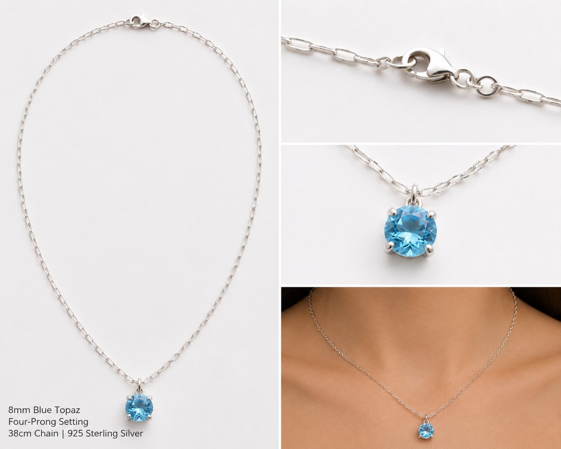 Natural Blue Topaz Pendant Necklace 8mm – 925 Sterling Silver Chain 38cm: Title: Natural Blue Topaz Pendant Necklace 8mm – 925 Sterling Silver Chain 38cm Description: Elegant pendant necklace featuring a sparkling natural blue topaz gemstone measuring 8mm, securely